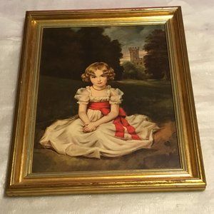 Vintage & gorgeous gold-framed picture of little girl in front of castle